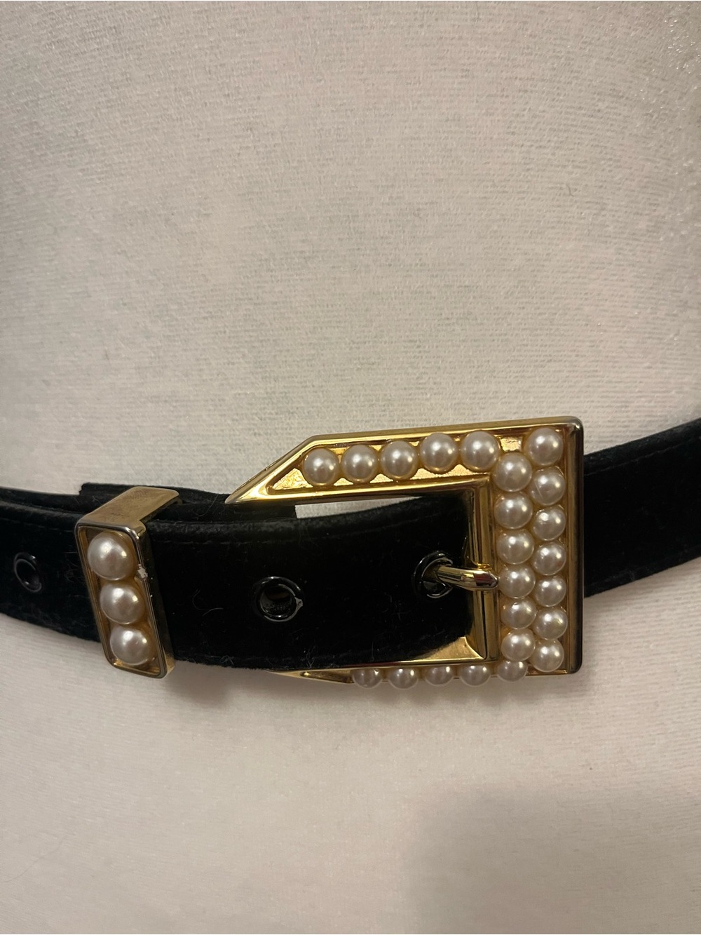 Pearl-Trim Black Velvet Belt with Gold Buckle